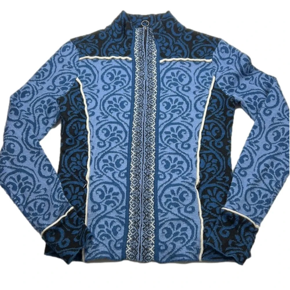 Icelandic Design Blue Fair Isle Full Zippered Wool Cardigan Sweater